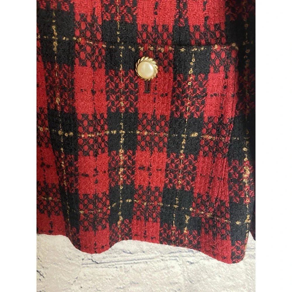 Talbots Petite Vintage Wool Red‎ Black Plaid Blazer Pearl Buttons 14 Clueless